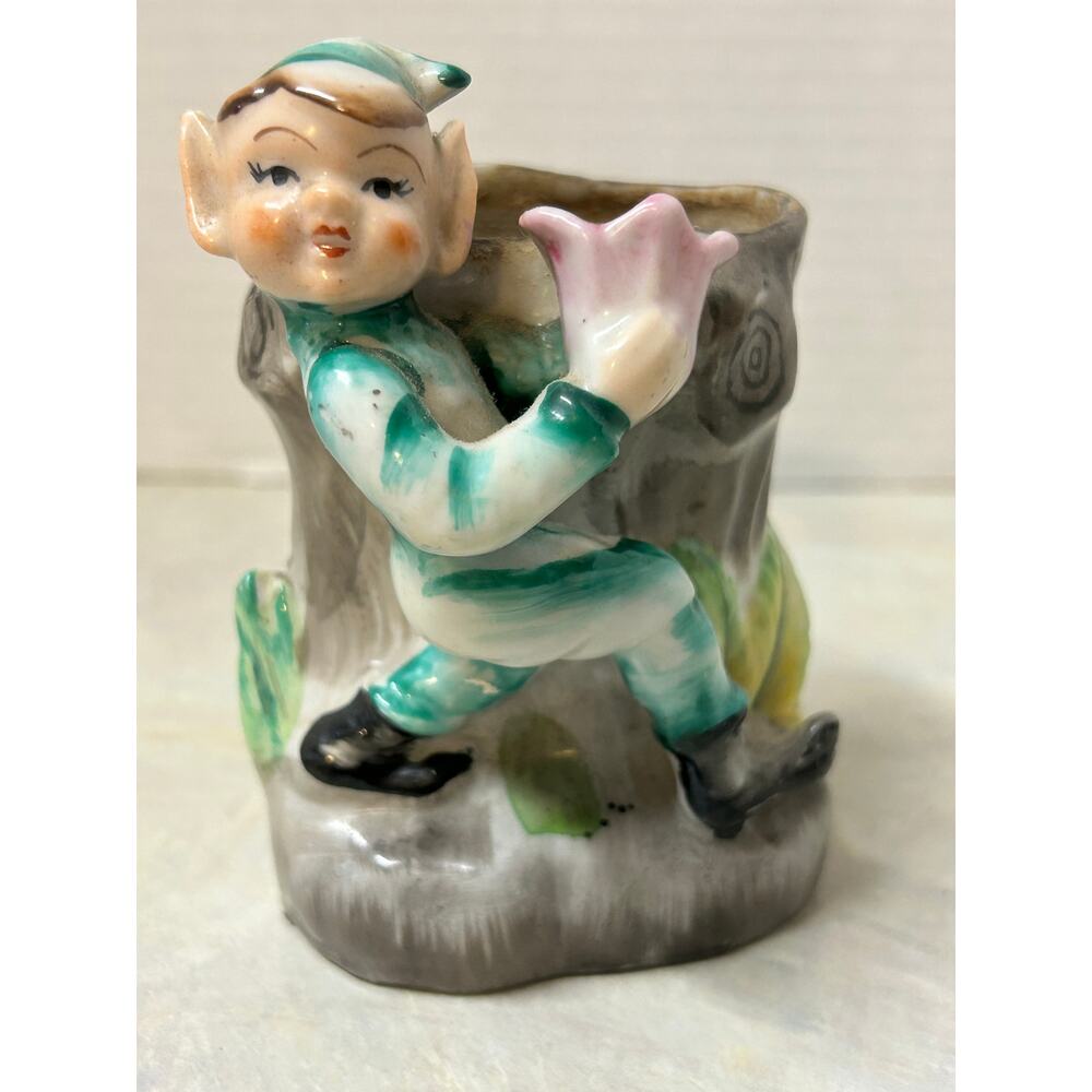 Vintage MCM Ceramic Planter Stump Pixie Elf Vase Made in‎ Japan